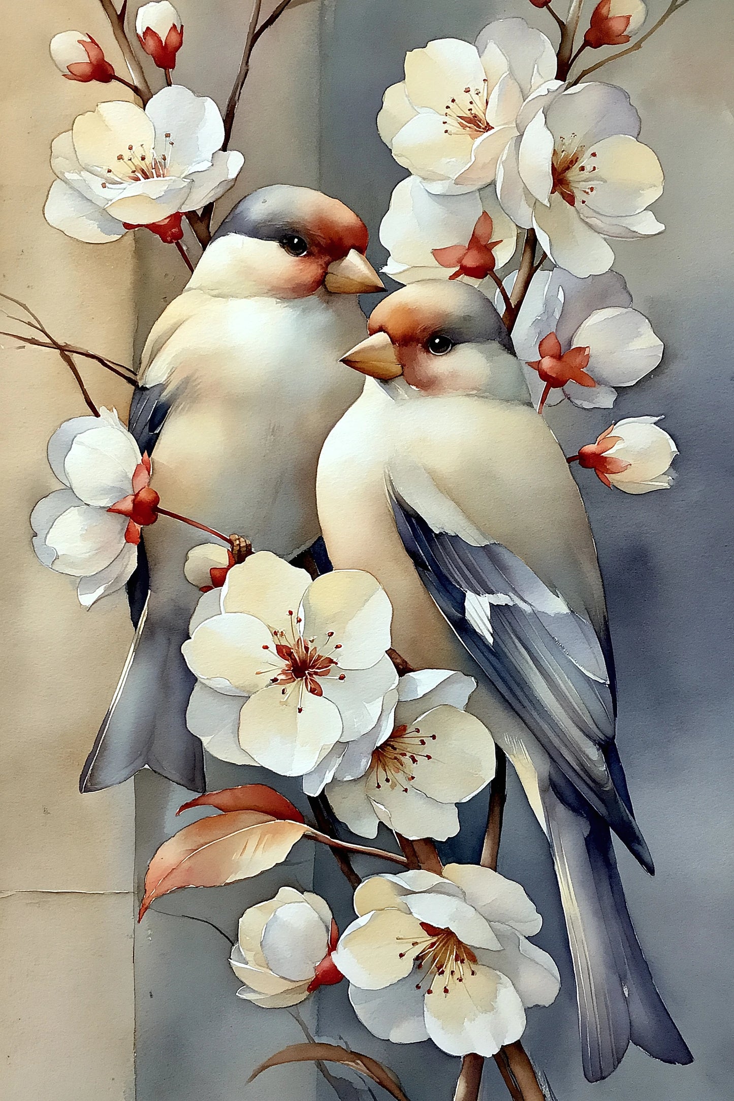 Tableau oiseaux et fleurs vintage sur branche fleurie - format L