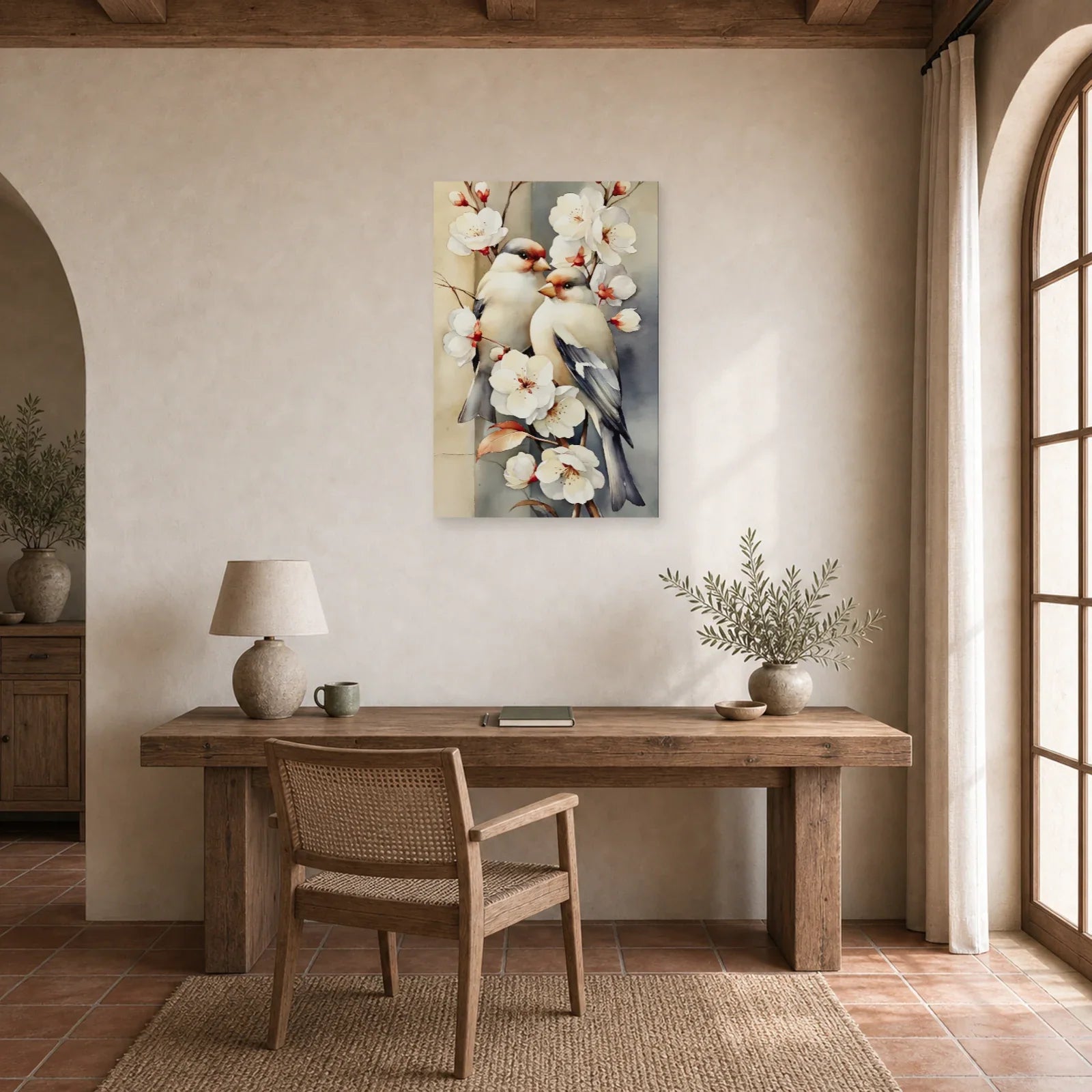 Tableau Oiseaux Fleurs Vintage - Branche Fleurie dans un bureau - Art Virtuoso