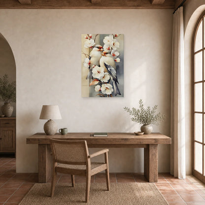 Tableau Oiseaux Fleurs Vintage - Branche Fleurie dans un bureau - Art Virtuoso