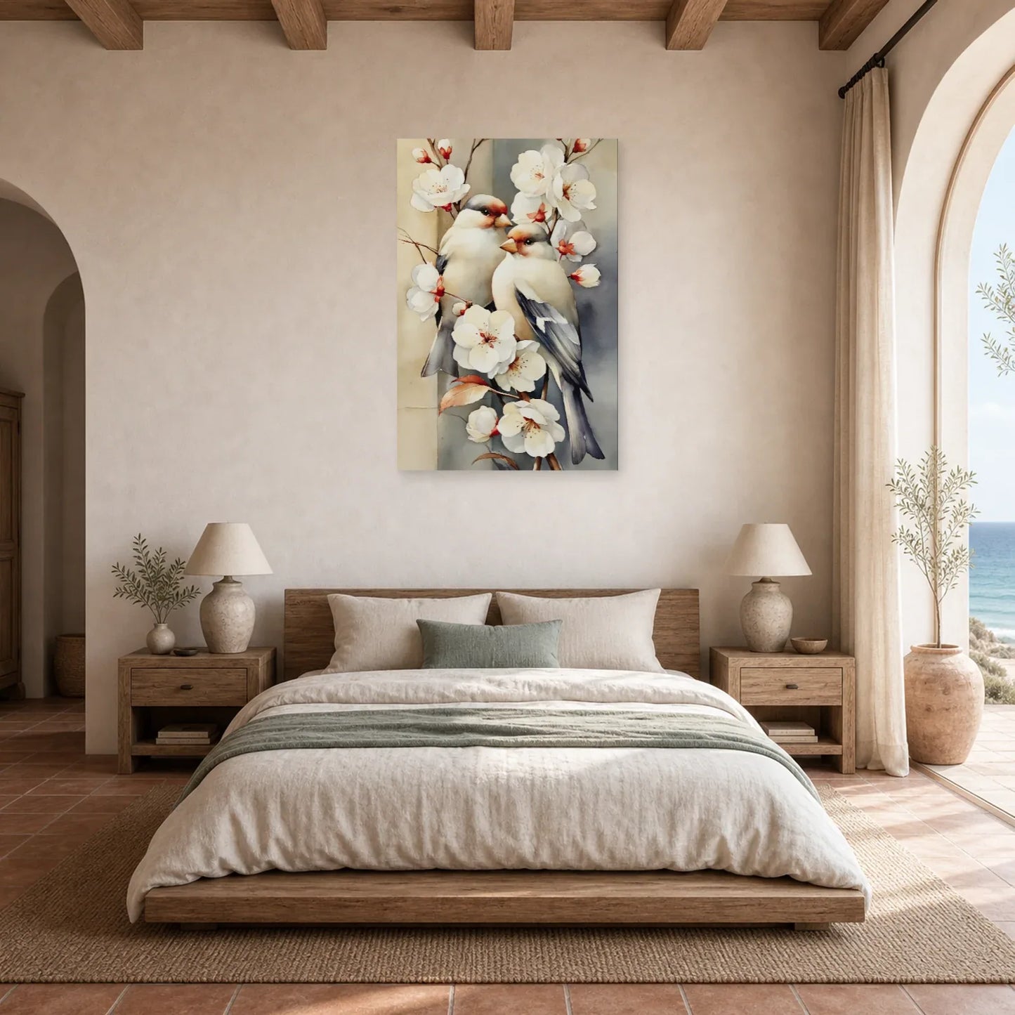 Tableau Oiseaux Fleurs Vintage - Branche Fleurie dans une chambre - Art Virtuoso