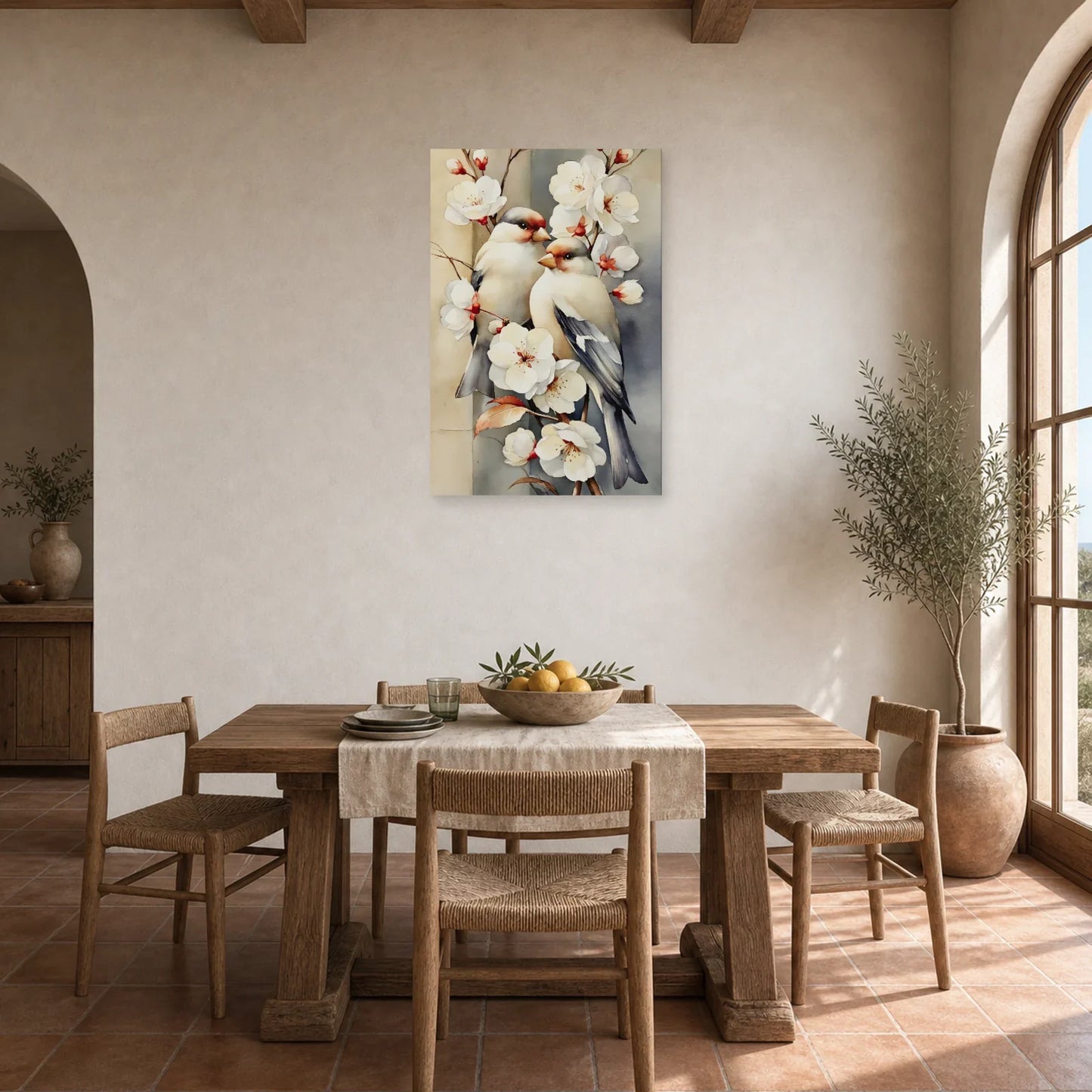 Tableau Oiseaux Fleurs Vintage - Branche Fleurie dans une cuisine - Art Virtuoso