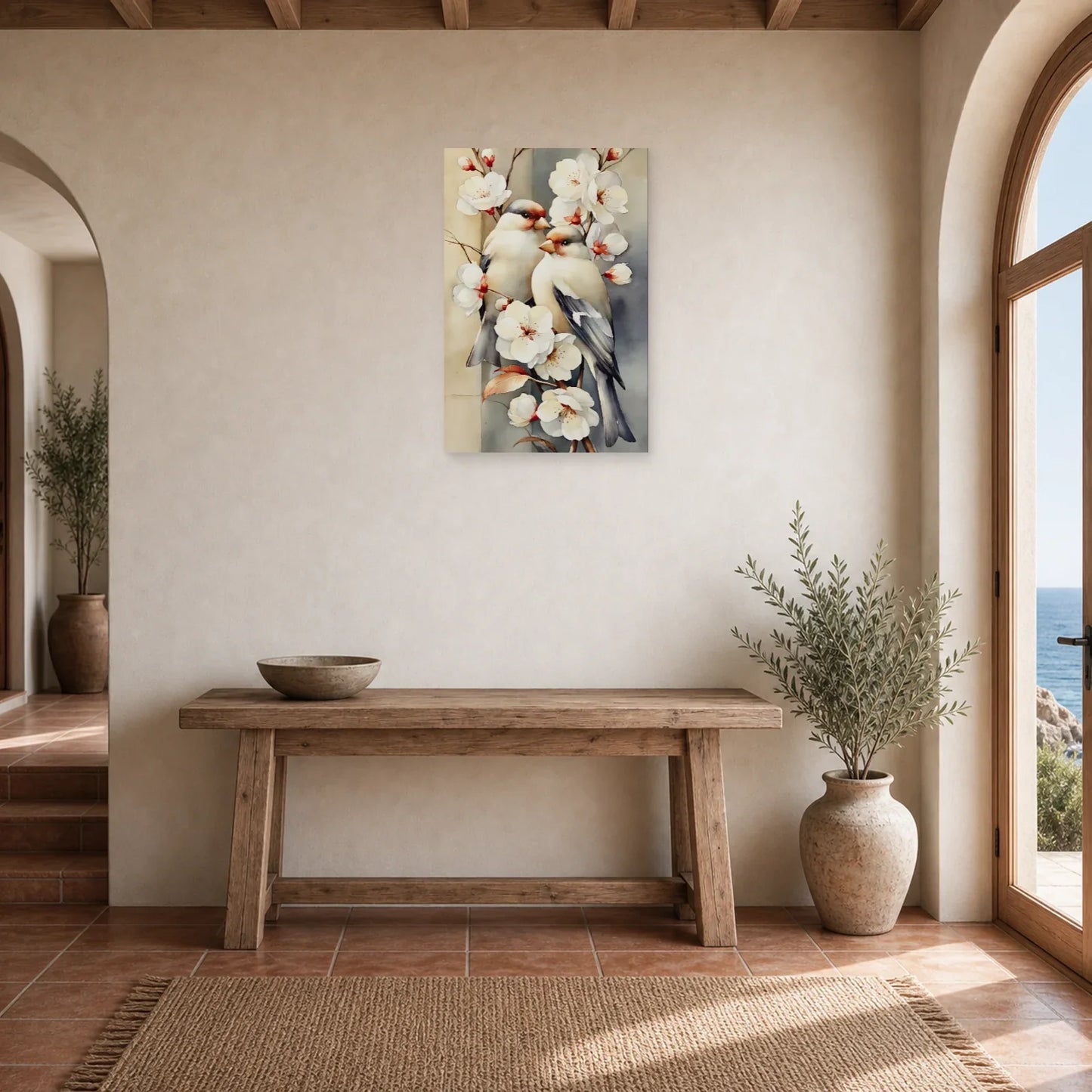 Tableau Oiseaux Fleurs Vintage - Branche Fleurie dans une entree ou un couloir - Art Virtuoso