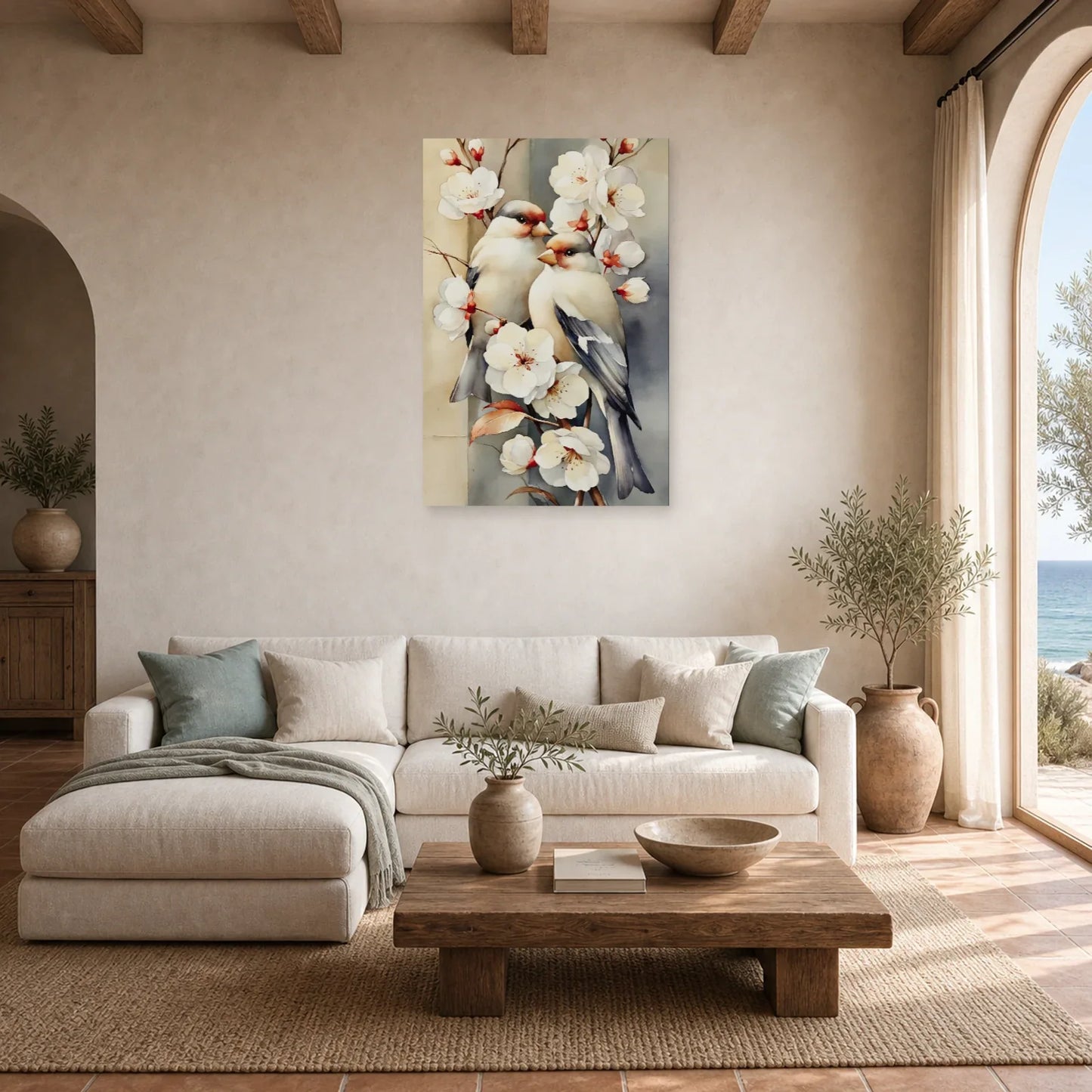 Tableau Oiseaux Fleurs Vintage - Branche Fleurie dans un salon - Art Virtuoso