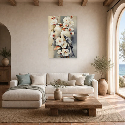 Tableau Oiseaux Fleurs Vintage - Branche Fleurie dans un salon - Art Virtuoso