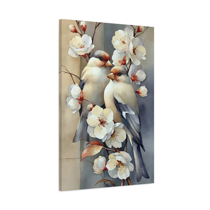 Tableau oiseaux et fleurs vintage sur branche fleurie - toile 3D avec bords imprimés visibles