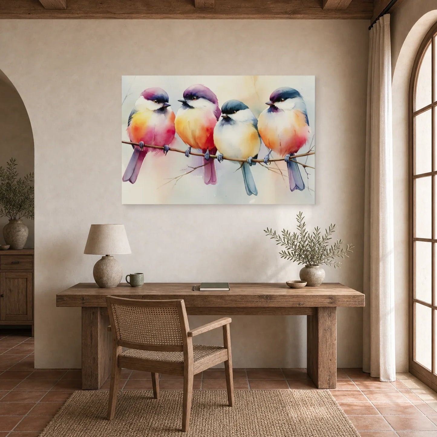 Tableau Oiseaux sur Branche Aquarelle - Couleurs Posees dans un bureau - Art Virtuoso