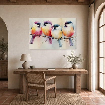 Tableau Oiseaux sur Branche Aquarelle - Couleurs Posees dans un bureau - Art Virtuoso