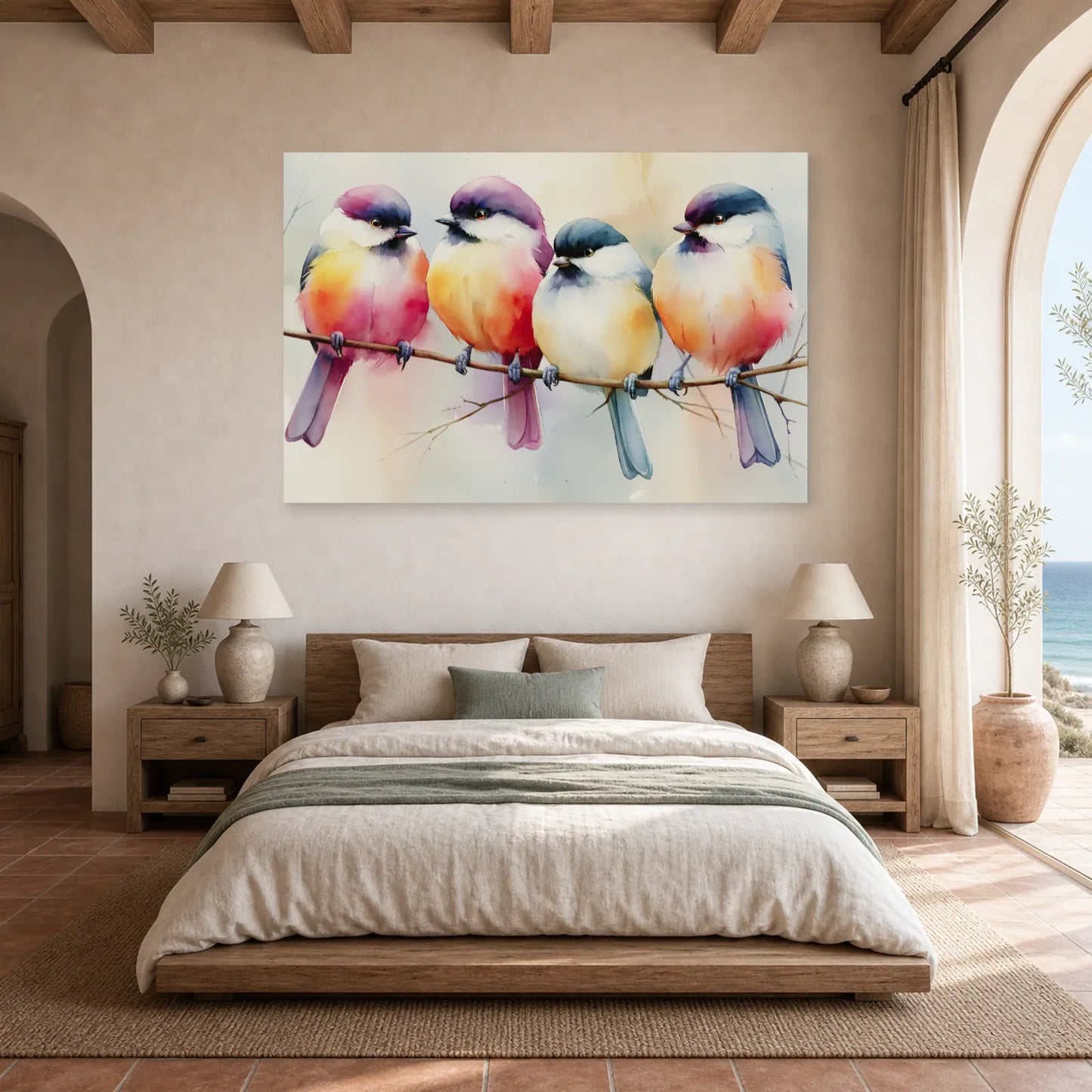 Tableau Oiseaux sur Branche Aquarelle - Couleurs Posees dans une chambre - Art Virtuoso