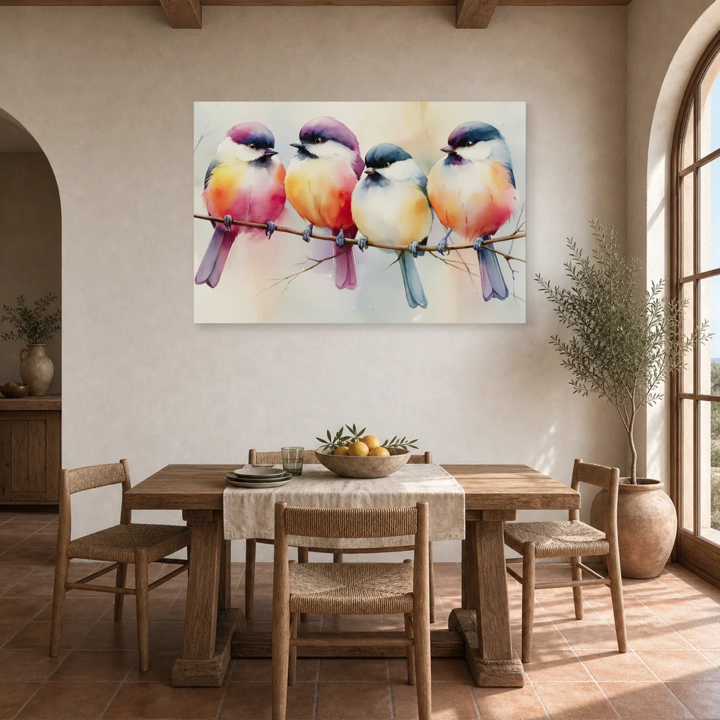 Tableau Oiseaux sur Branche Aquarelle - Couleurs Posees dans une cuisine - Art Virtuoso