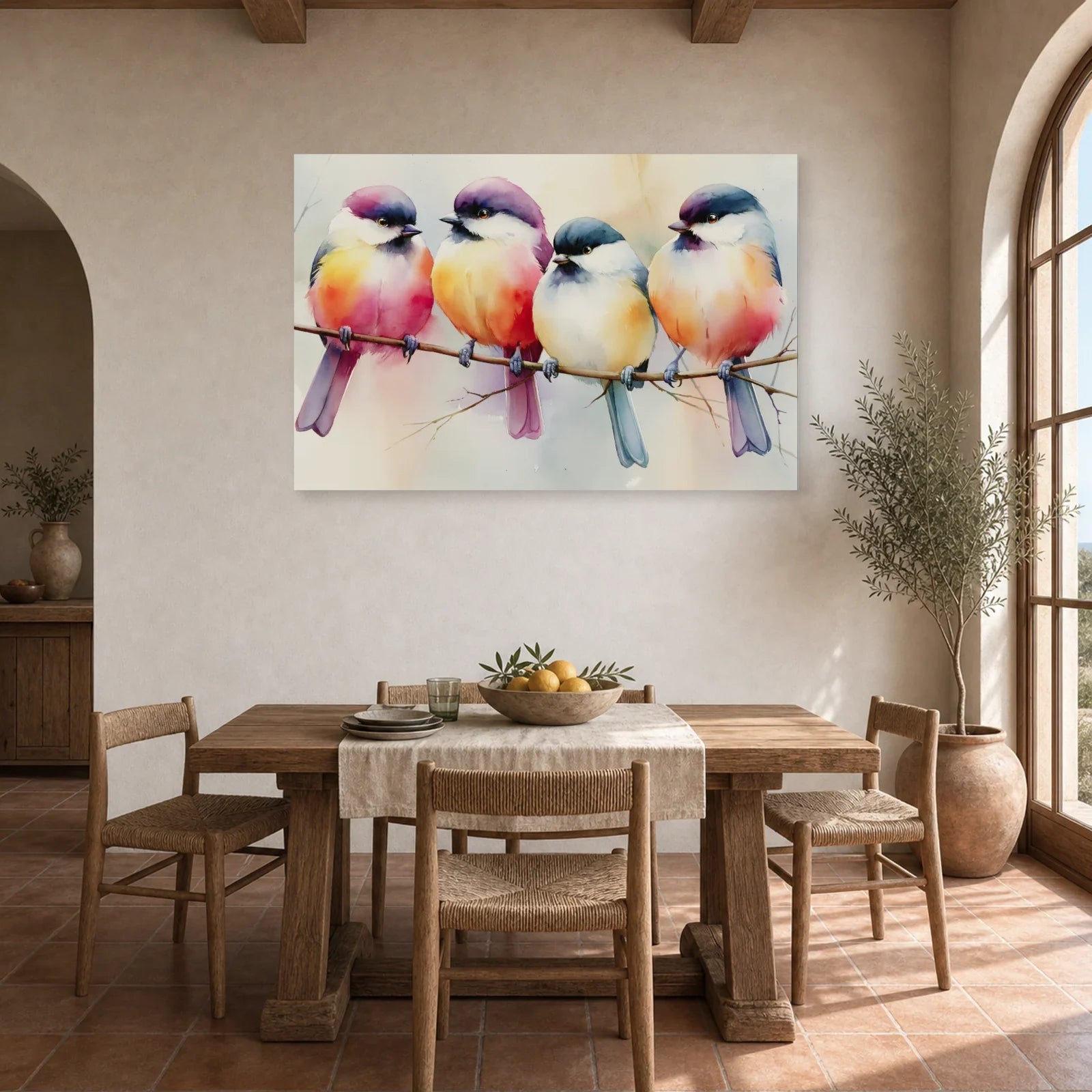Tableau Oiseaux sur Branche Aquarelle - Couleurs Posees dans une cuisine - Art Virtuoso
