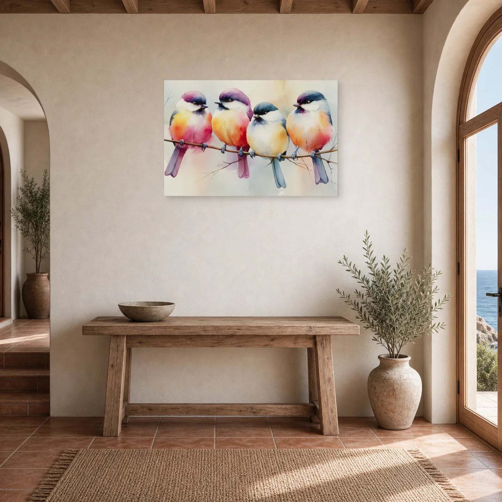 Tableau Oiseaux sur Branche Aquarelle - Couleurs Posees dans une entree ou un couloir - Art Virtuoso