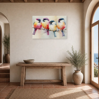 Tableau Oiseaux sur Branche Aquarelle - Couleurs Posees dans une entree ou un couloir - Art Virtuoso