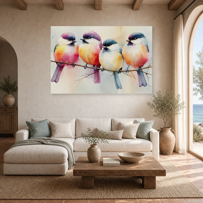 Tableau Oiseaux sur Branche Aquarelle - Couleurs Posees dans un salon - Art Virtuoso