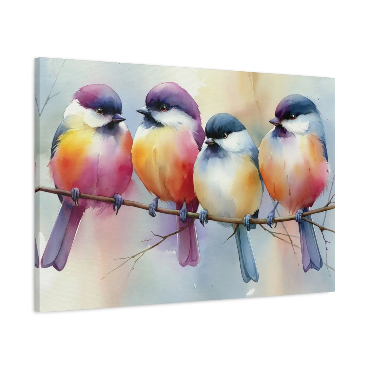 Tableau oiseaux colores sur branche aquarelle pastel - toile 3D avec bords imprimés visibles