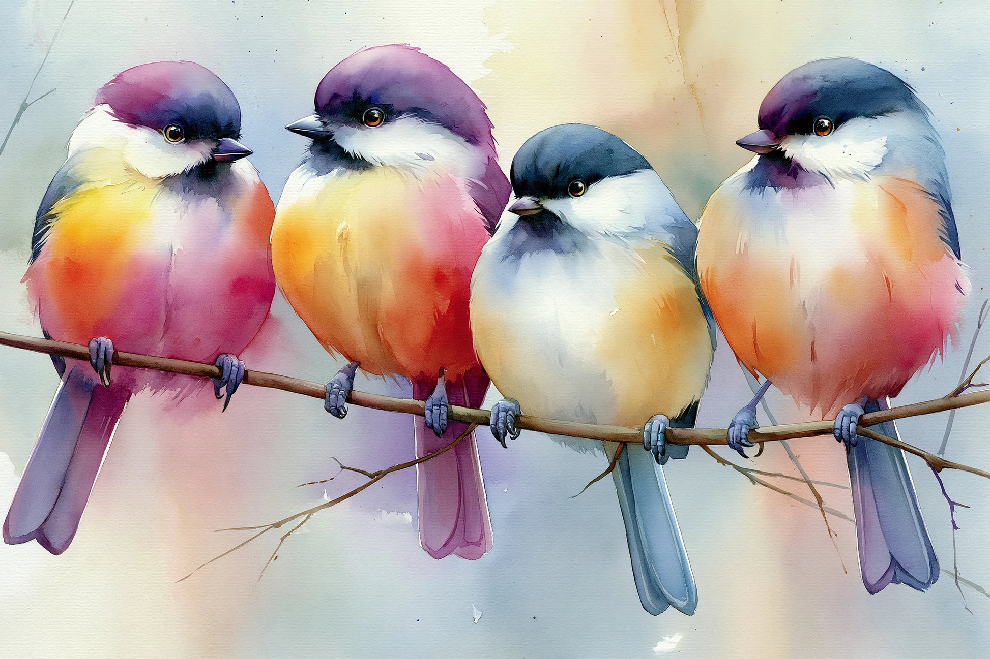 Tableau XXL quatre oiseaux colorés