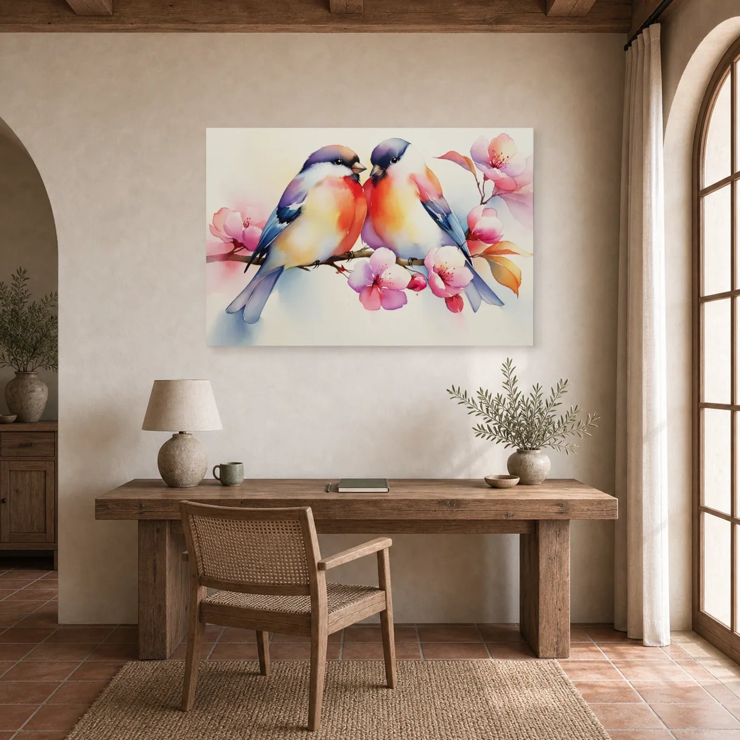 Tableau Oiseaux sur Branche Fleurs - Matin Rose dans un bureau - Art Virtuoso