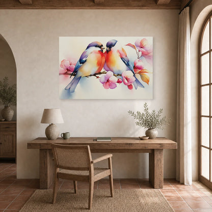 Tableau Oiseaux sur Branche Fleurs - Matin Rose dans un bureau - Art Virtuoso