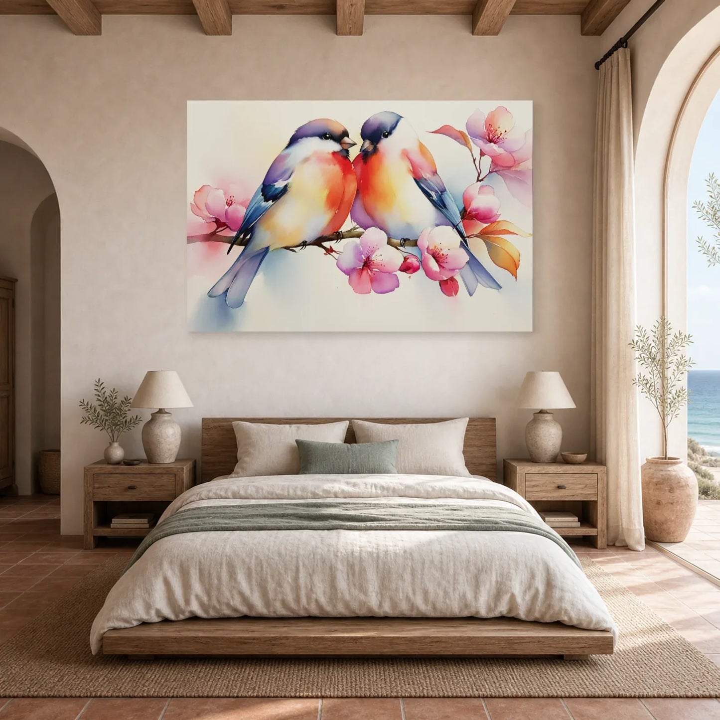 Tableau Oiseaux sur Branche Fleurs - Matin Rose dans une chambre - Art Virtuoso