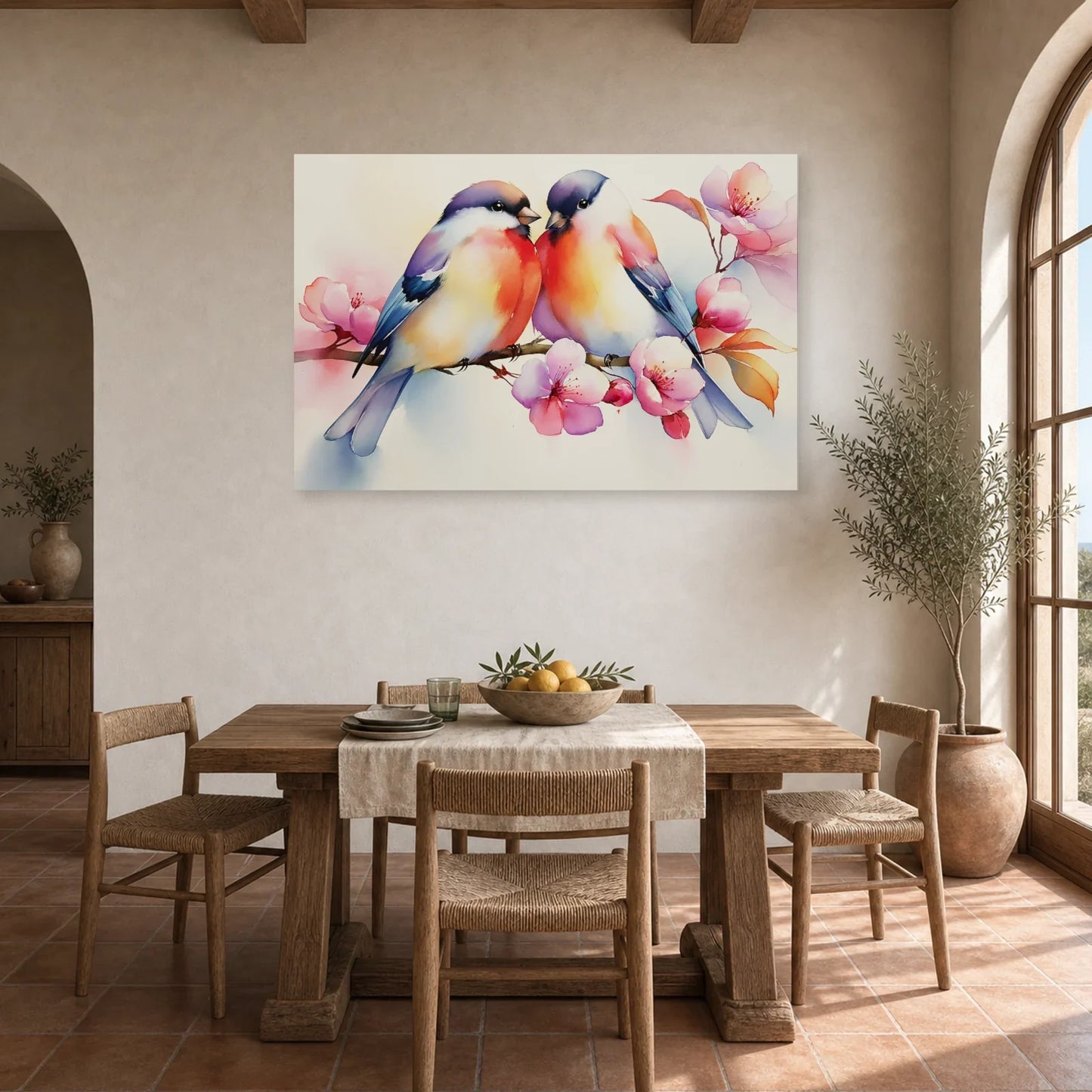 Tableau Oiseaux sur Branche Fleurs - Matin Rose dans une cuisine - Art Virtuoso