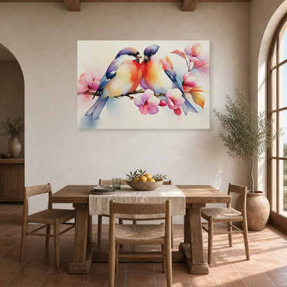 Tableau Oiseaux sur Branche Fleurs - Matin Rose dans une cuisine - Art Virtuoso