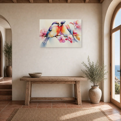 Tableau Oiseaux sur Branche Fleurs - Matin Rose dans une entree ou un couloir - Art Virtuoso