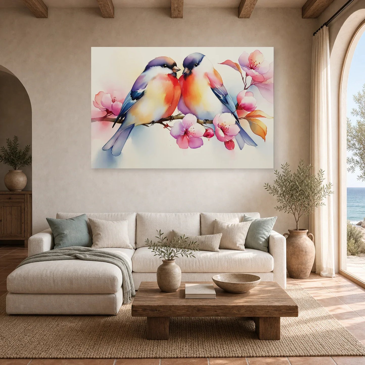 Tableau Oiseaux sur Branche Fleurs - Matin Rose dans un salon - Art Virtuoso