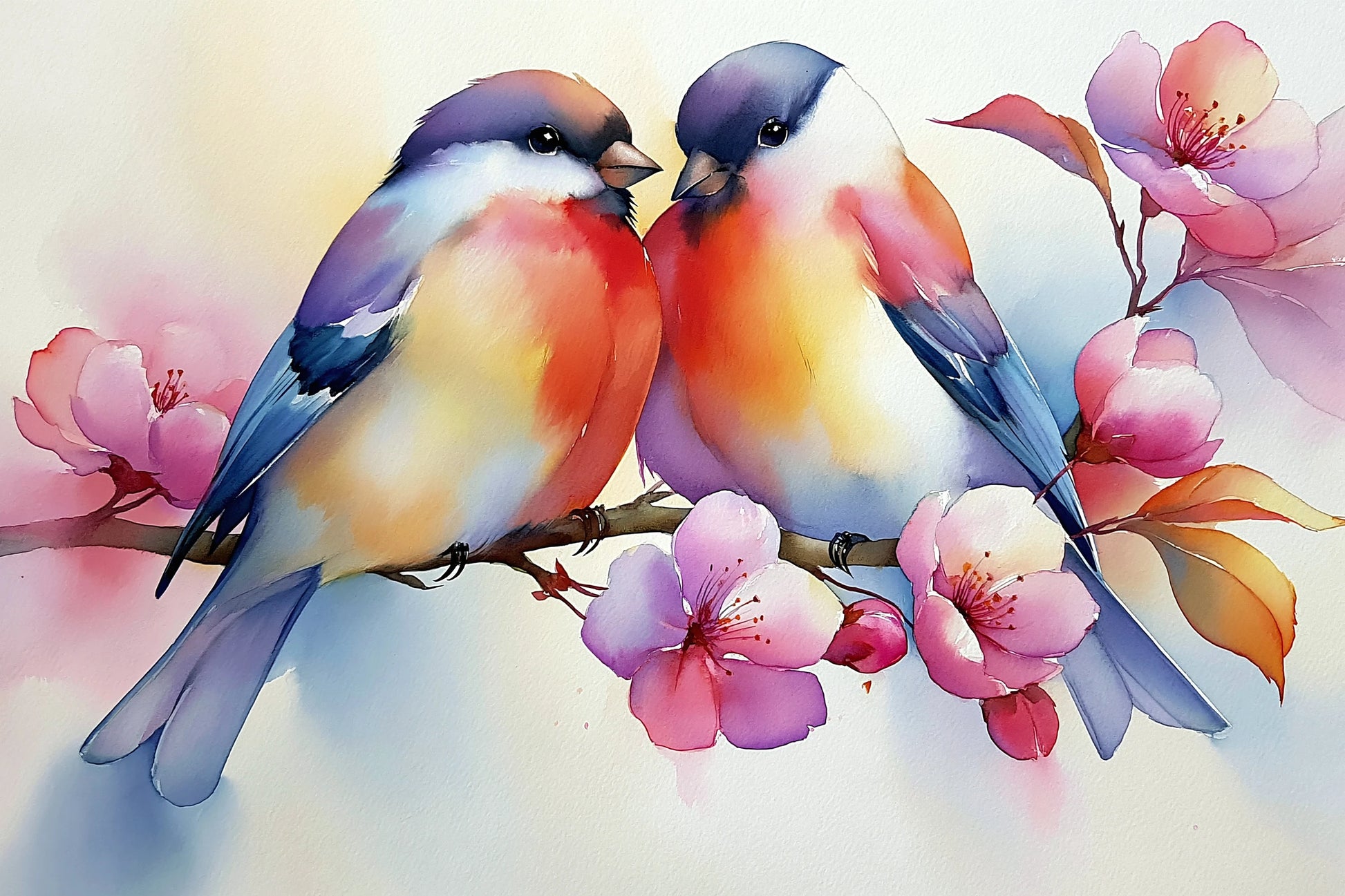 Tableau oiseaux colores sur branche avec fleurs roses - format S