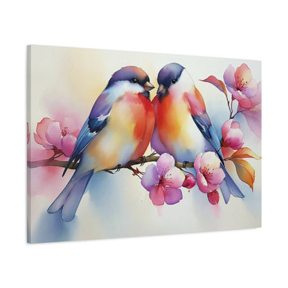 Tableau oiseaux colores sur branche avec fleurs roses - toile 3D avec bords imprimés visibles
