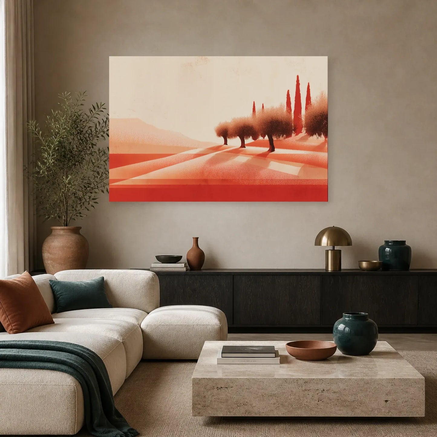 Tableau Oliveraie Mediterraneenne Terracotta dans un salon - Art Virtuoso