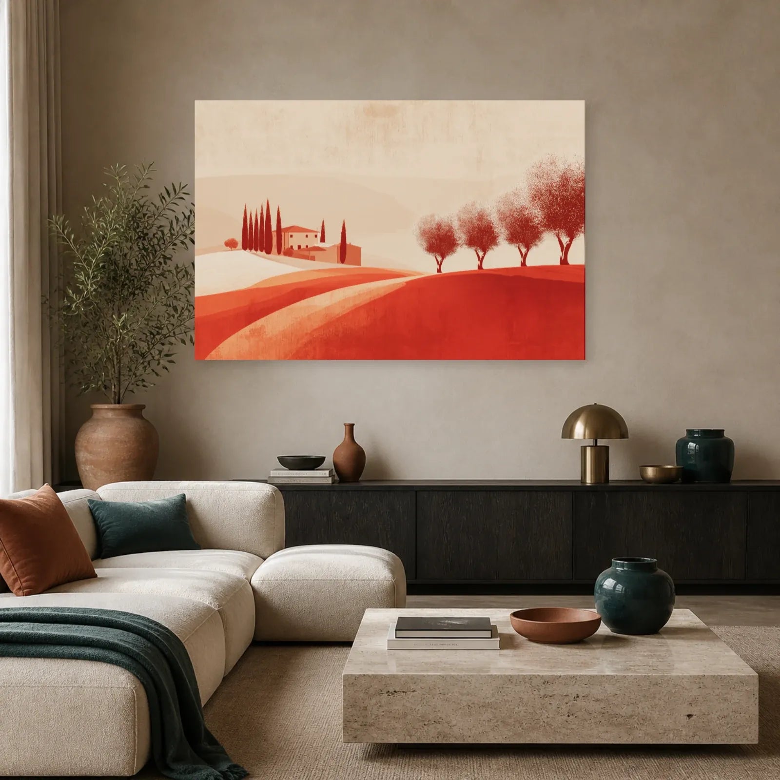 Tableau Oliveraie Toscane Terracotta dans un salon - Art Virtuoso