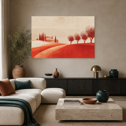 Tableau Oliveraie Toscane Terracotta dans un salon - Art Virtuoso