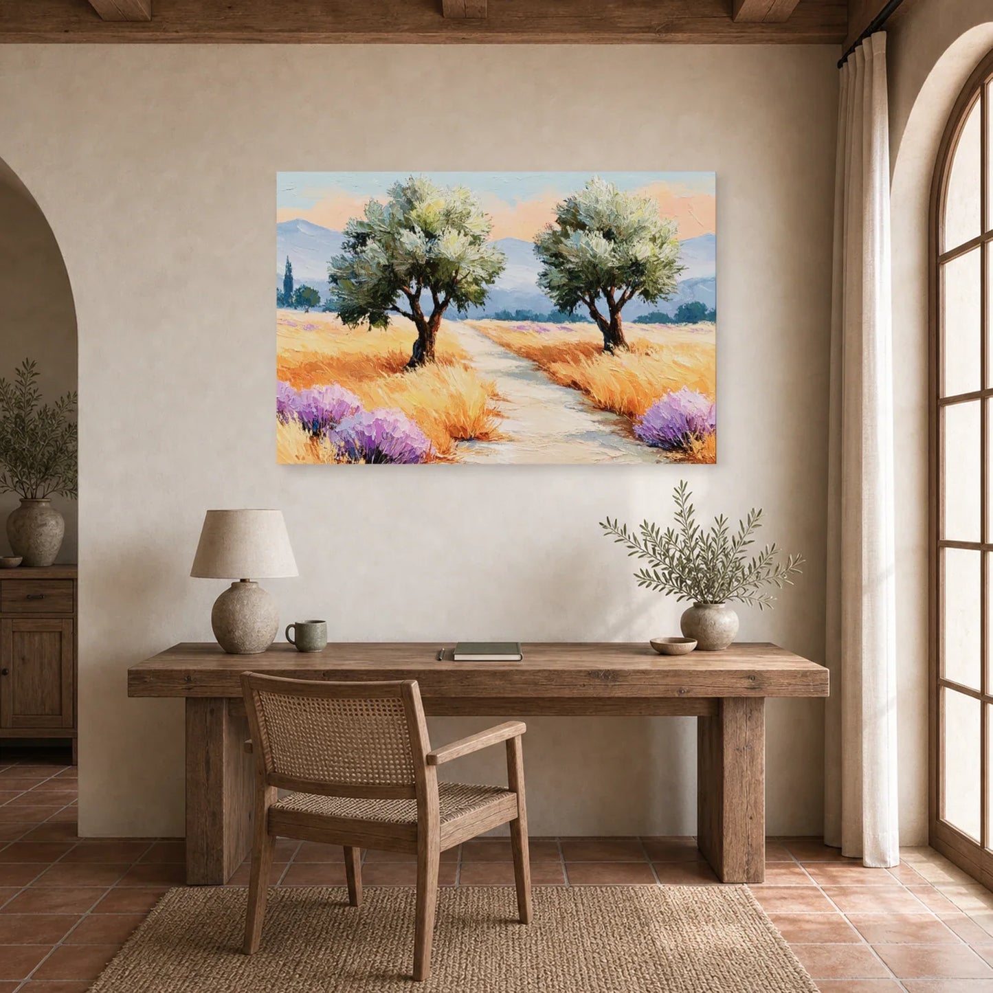 Tableau Oliviers Provence Peinture - Chemin des Lavandes dans un bureau - Art Virtuoso