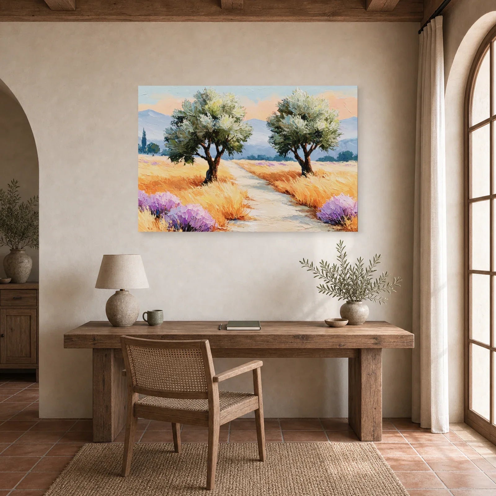 Tableau Oliviers Provence Peinture - Chemin des Lavandes dans un bureau - Art Virtuoso