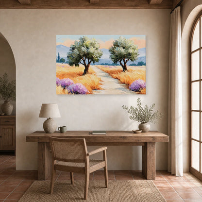 Tableau Oliviers Provence Peinture - Chemin des Lavandes dans un bureau - Art Virtuoso