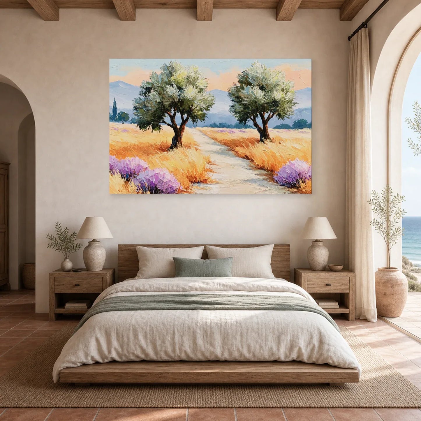 Tableau Oliviers Provence Peinture - Chemin des Lavandes dans une chambre - Art Virtuoso