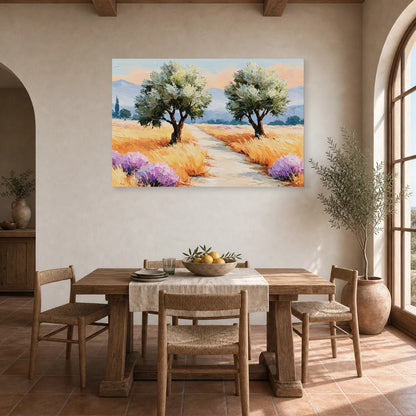 Tableau Oliviers Provence Peinture - Chemin des Lavandes dans une cuisine - Art Virtuoso