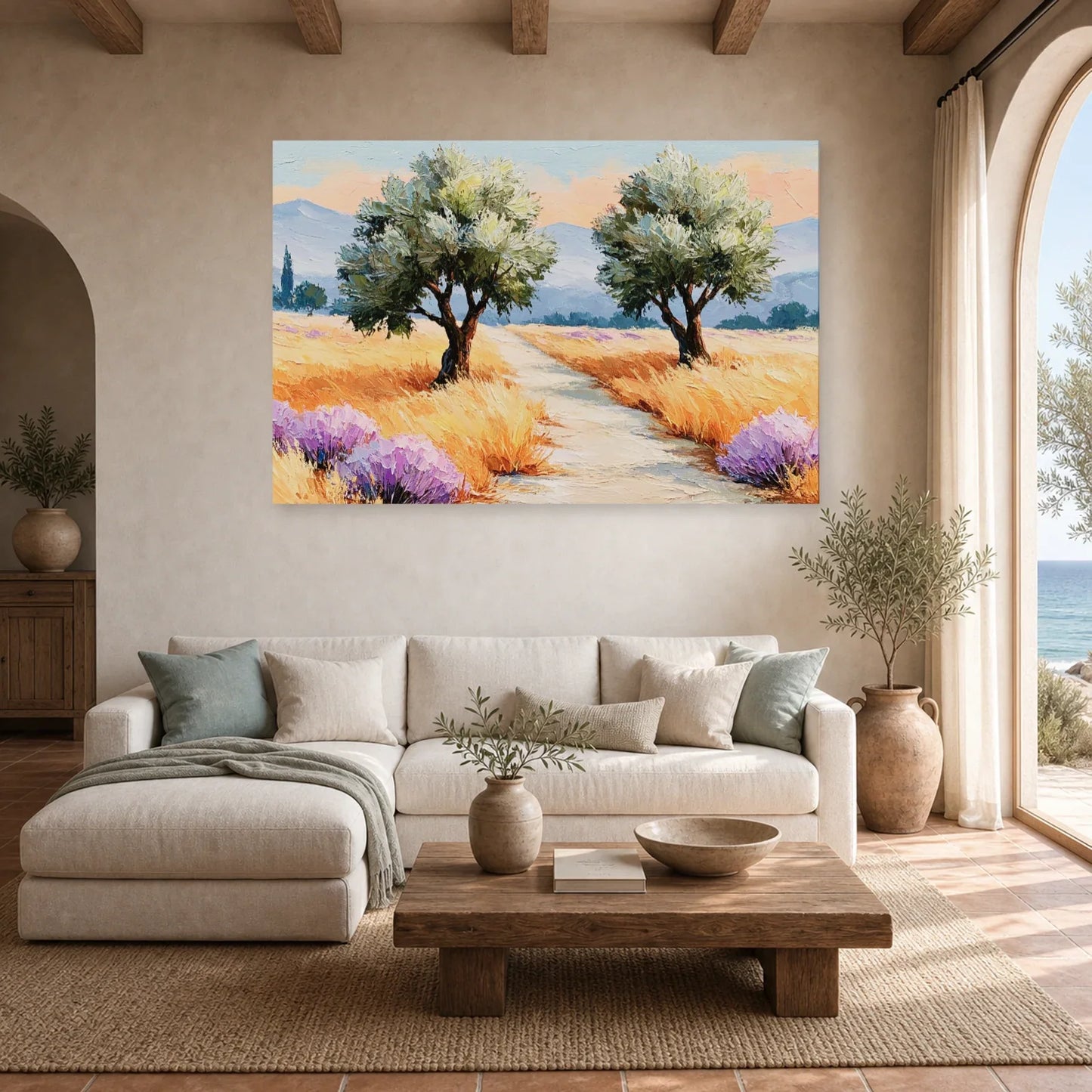 Tableau Oliviers Provence Peinture - Chemin des Lavandes dans un salon - Art Virtuoso