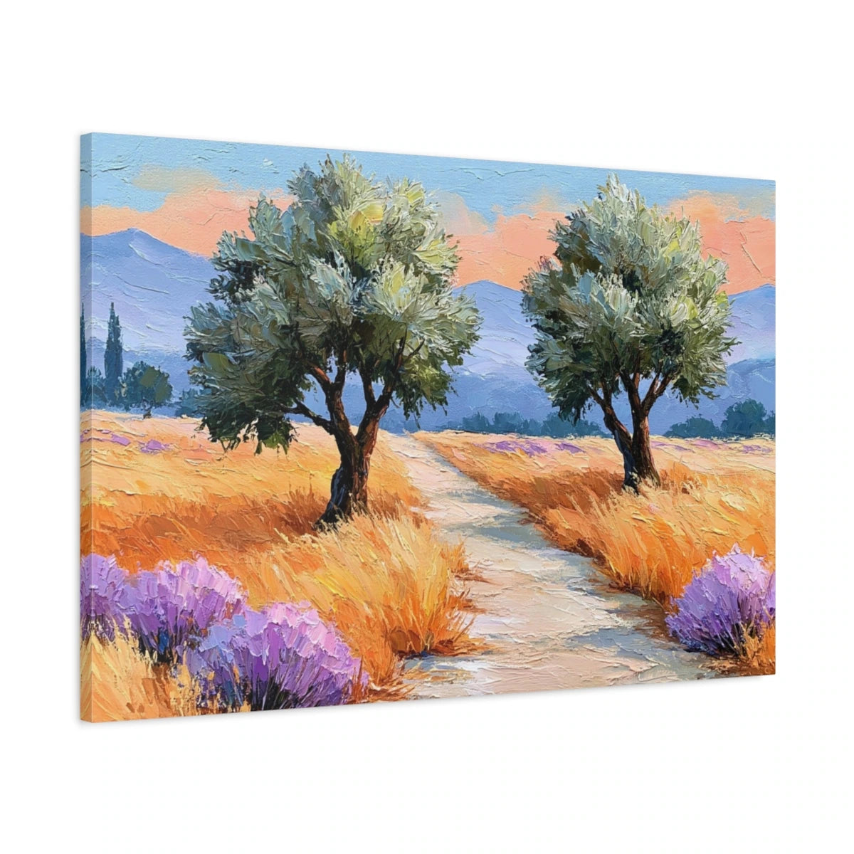 Tableau oliviers Provence avec chemin et lavande - toile 3D avec bords imprimés visibles