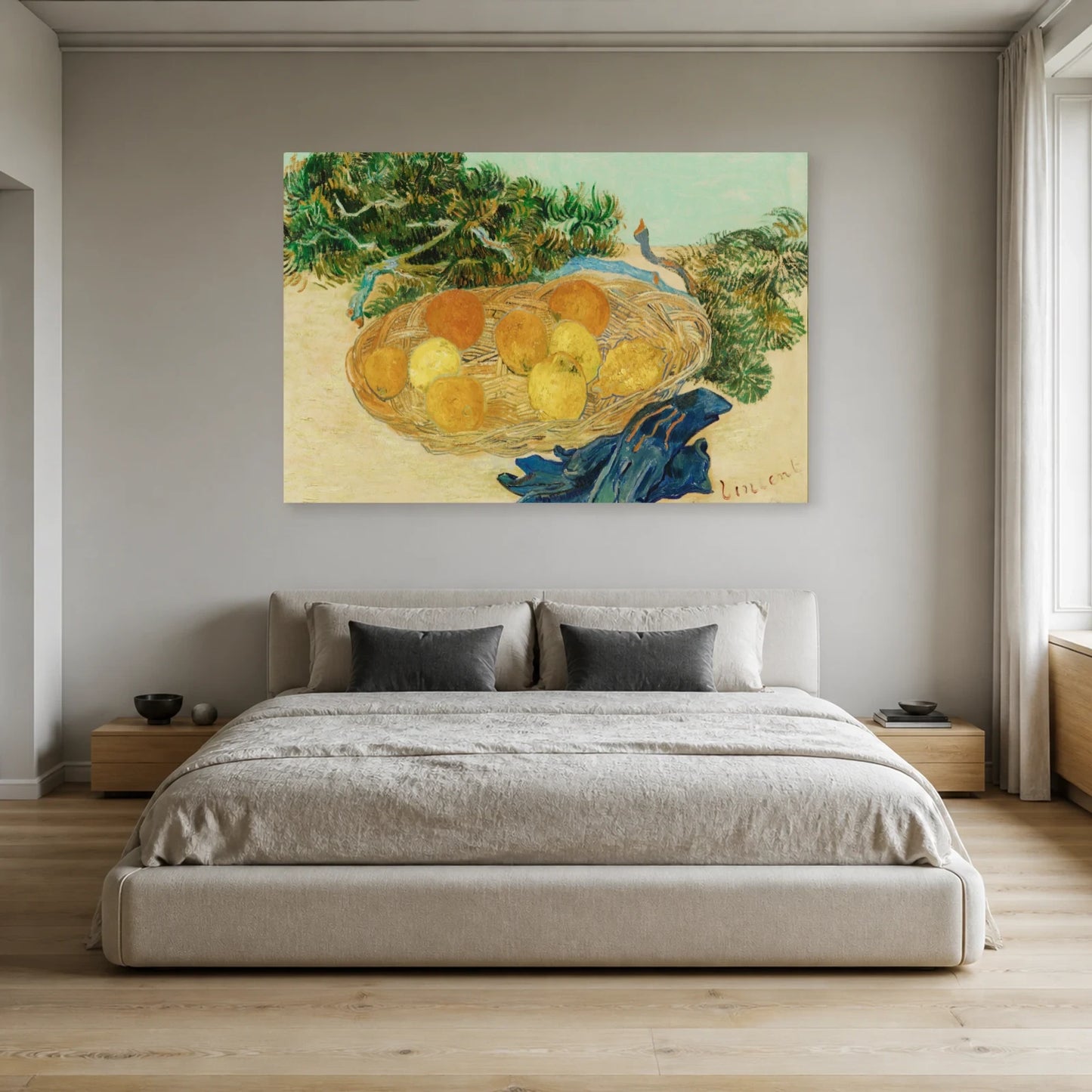 Tableau Nature morte aux oranges et aux citrons avec des gants bleus – Vincent van Gogh dans une chambre - Art Virtuoso