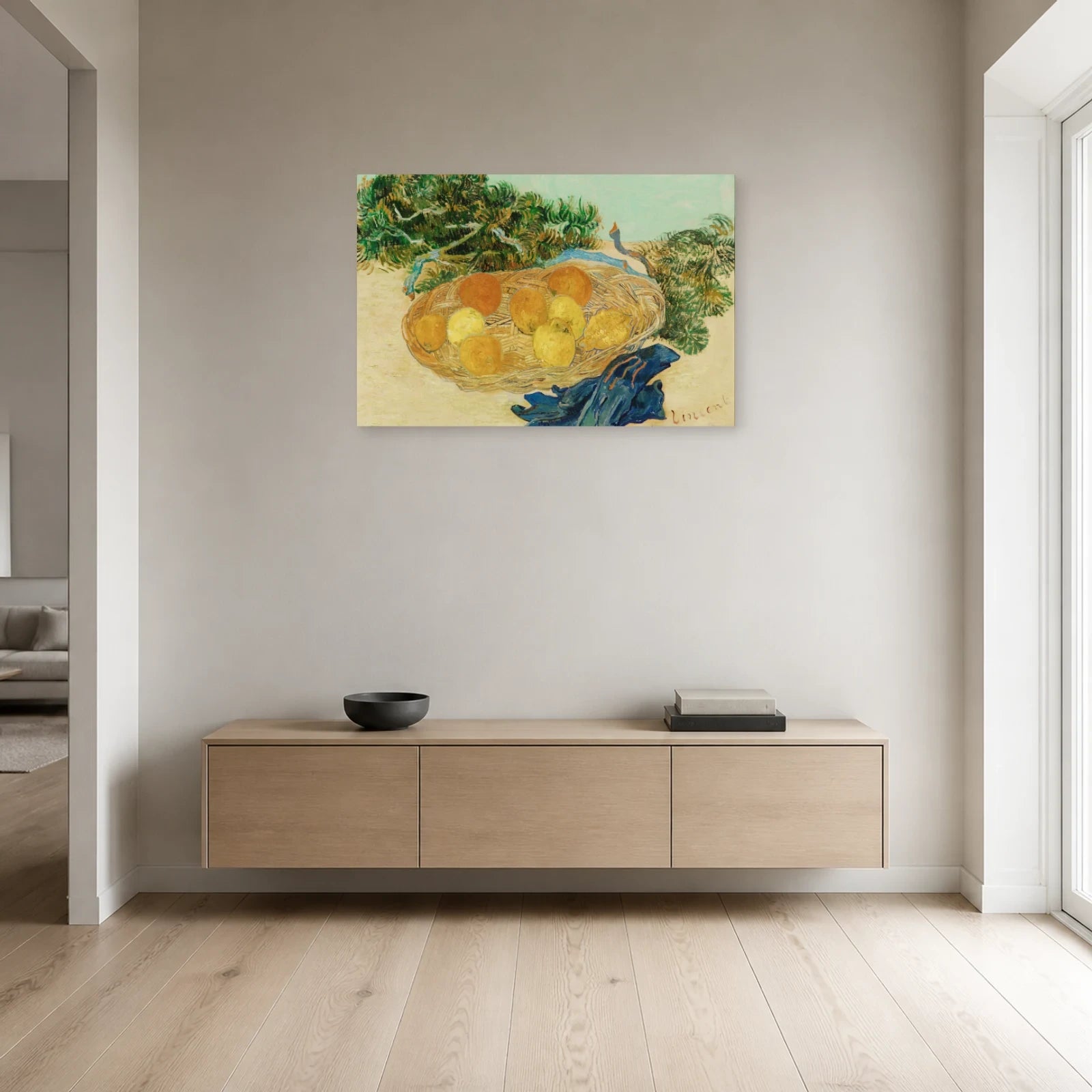Tableau Nature morte aux oranges et aux citrons avec des gants bleus – Vincent van Gogh dans une entrée ou un couloir - Art Virtuoso