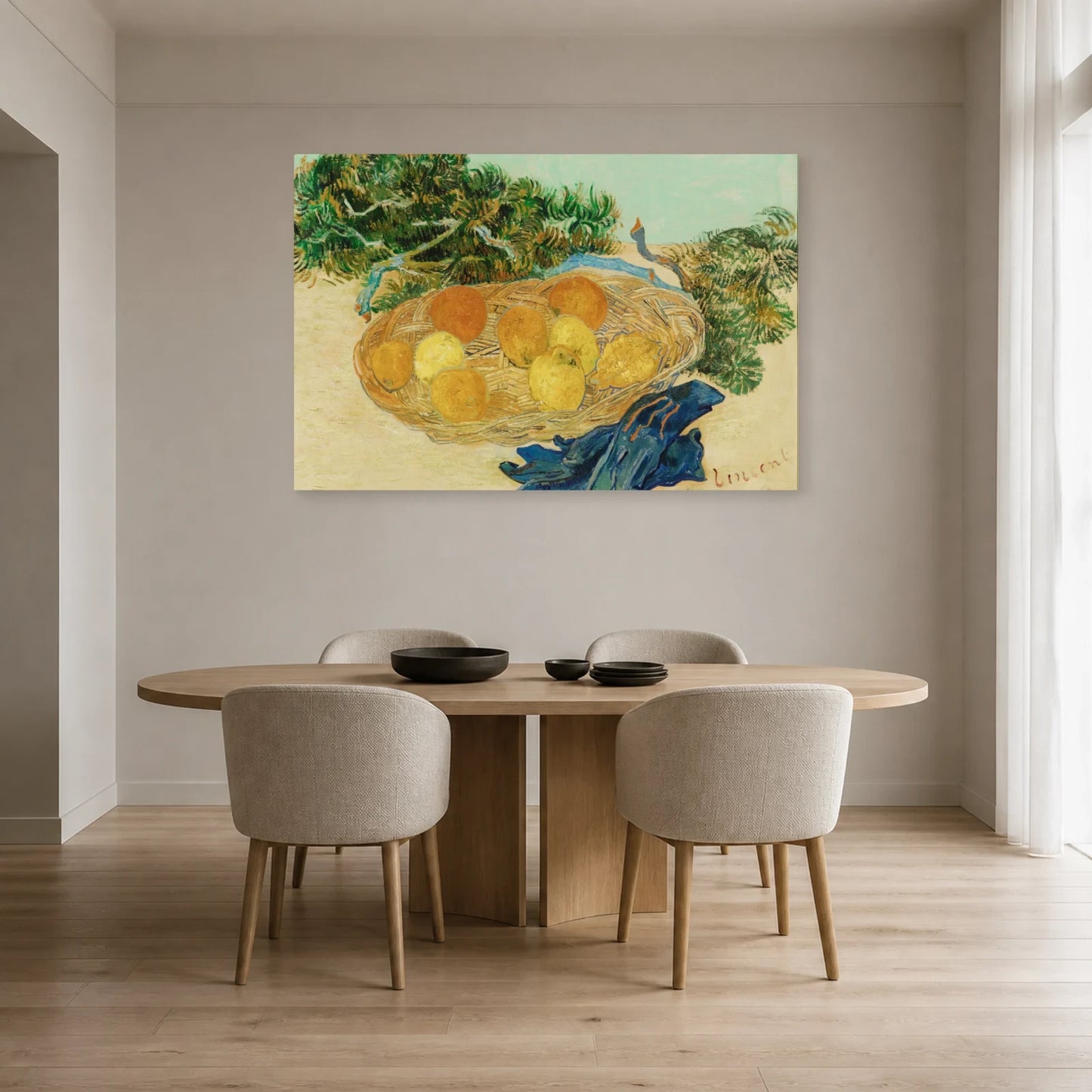 Tableau Nature morte aux oranges et aux citrons avec des gants bleus – Vincent van Gogh dans une salle à manger - Art Virtuoso