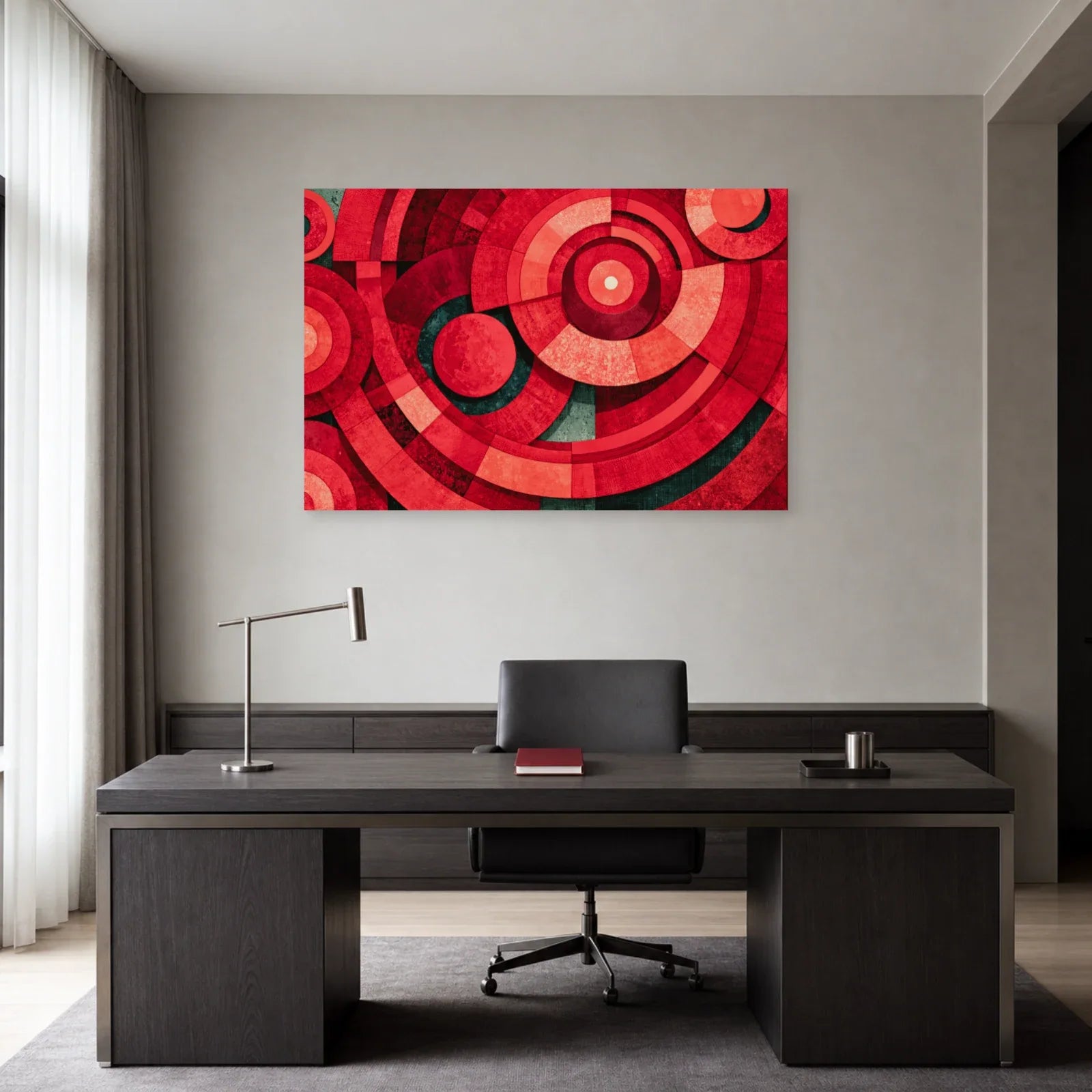 cercles et anneaux rouges superposés avec bleu-vert sombre et ivoire, présenté dans un bureau aux lignes sobres