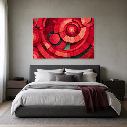 cercles et anneaux rouges superposés avec bleu-vert sombre et ivoire, présenté dans une chambre aux textiles unis
