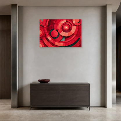 cercles et anneaux rouges superposés avec bleu-vert sombre et ivoire, présenté dans une entrée épurée