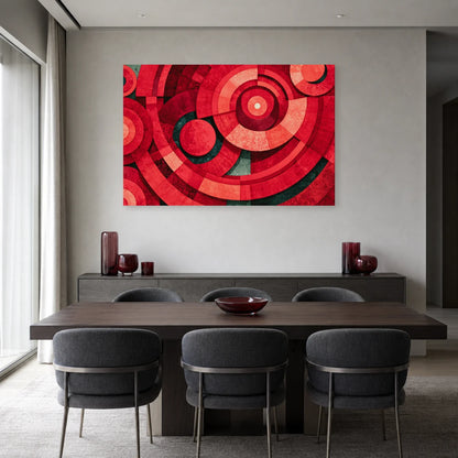 cercles et anneaux rouges superposés avec bleu-vert sombre et ivoire, présenté dans une salle à manger chaleureuse
