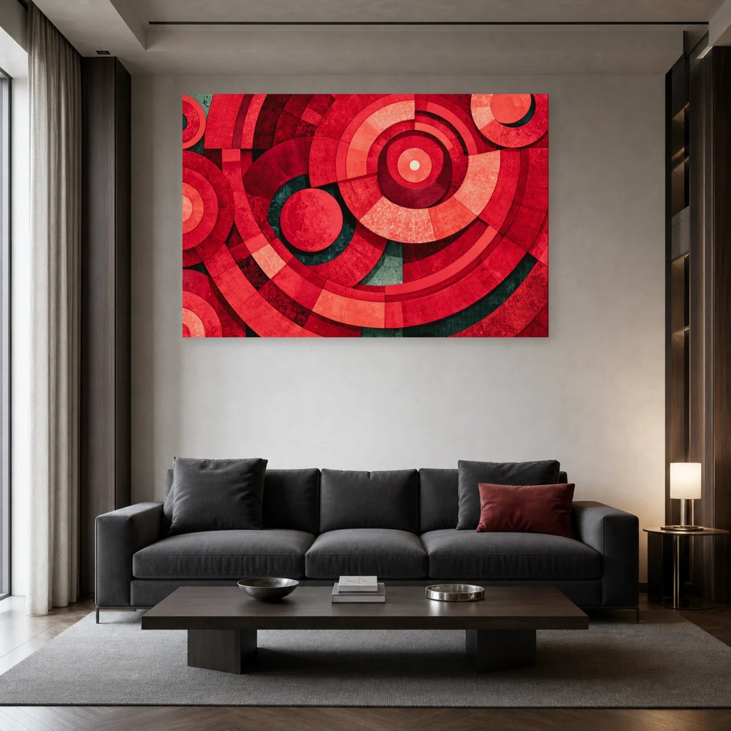 cercles et anneaux rouges superposés avec bleu-vert sombre et ivoire, présenté dans un salon contemporain