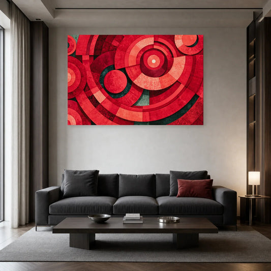 cercles et anneaux rouges superposés avec bleu-vert sombre et ivoire, présenté dans un salon contemporain