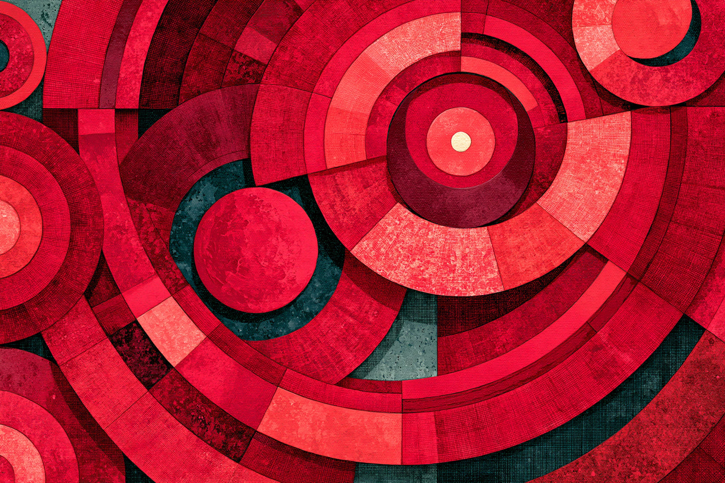 cercles et anneaux rouges superposés avec bleu-vert sombre et ivoire, toile horizontale en taille S