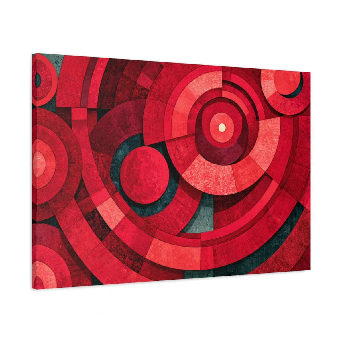 cercles et anneaux rouges superposés avec bleu-vert sombre et ivoire, vue latérale de la toile sur châssis
