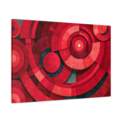 cercles et anneaux rouges superposés avec bleu-vert sombre et ivoire, vue latérale de la toile sur châssis